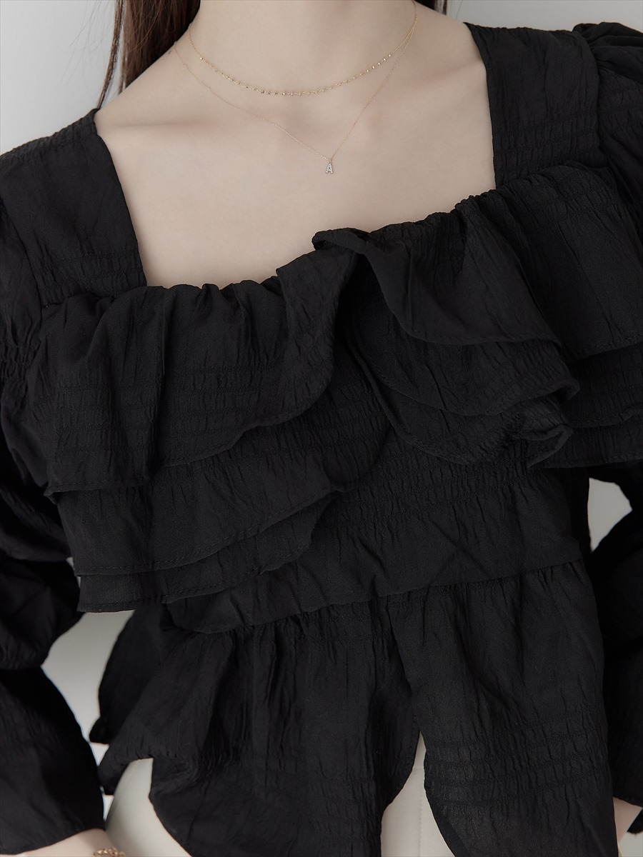 RE ARRIVAL】ruffle frill puff blouse / black amel